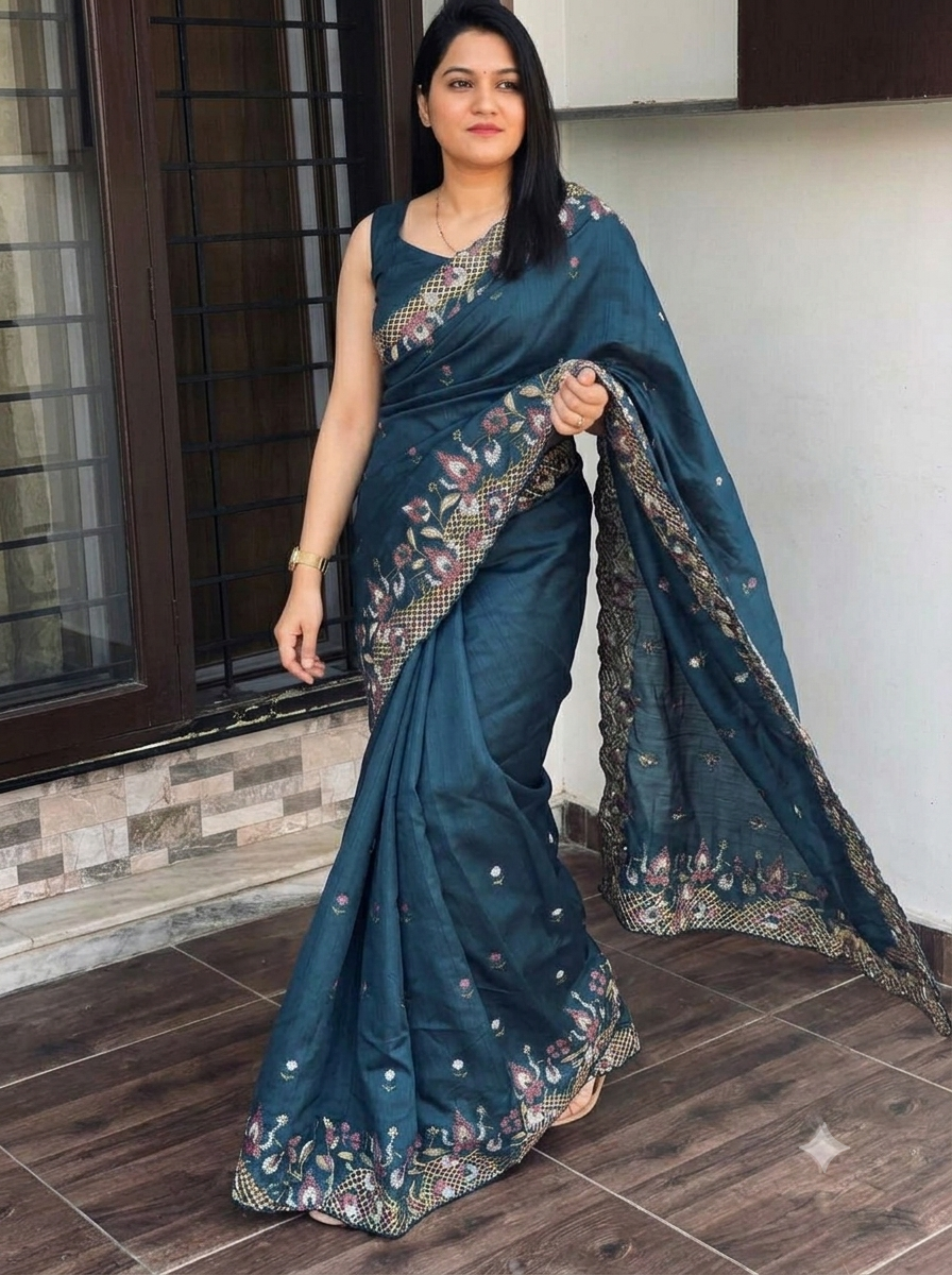 ✨ Soft Semi Tassar Silk Saree with Blouse Piece ✨- Navy Blue -Design 07