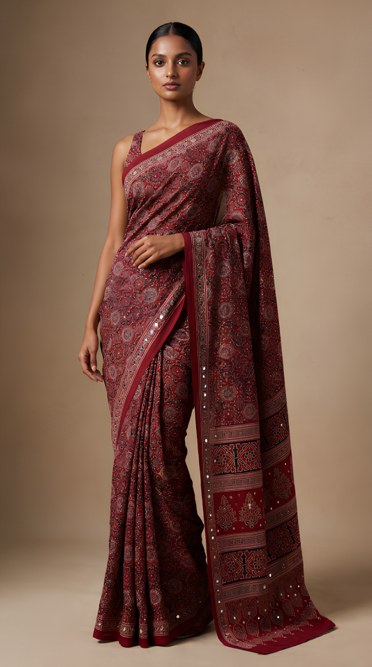 Mirror Work Ajrakh Modal Saree with Full Mirror Work and Attached Blouse Piece – Tumpi's Collection