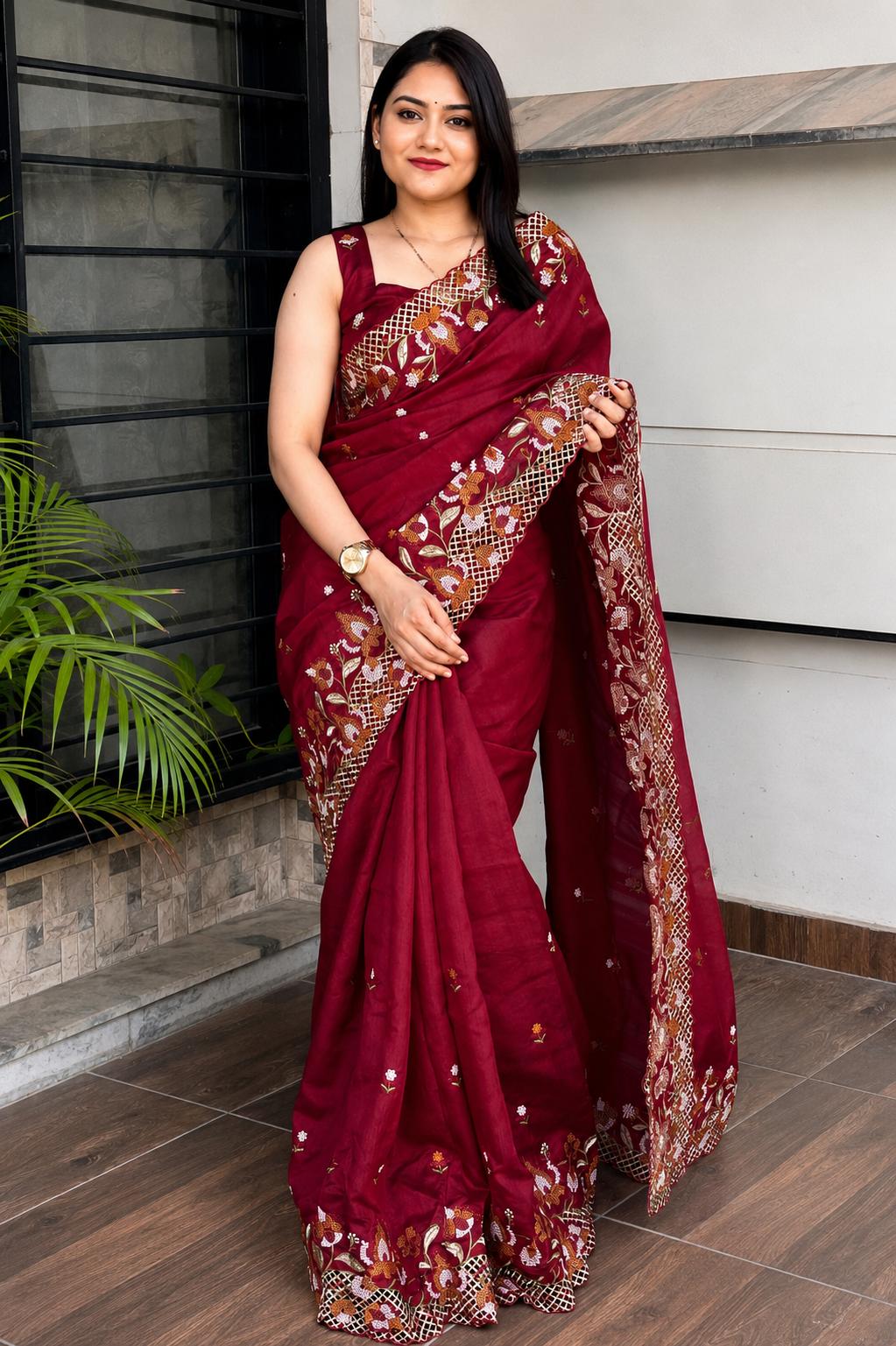 ✨ Soft Semi Tassar Silk Saree with Blouse Piece ✨- Maroon -Design 06