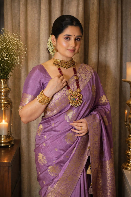 Dola Silk Saree with Allover Weaving Work-Dusty Lavender Purple