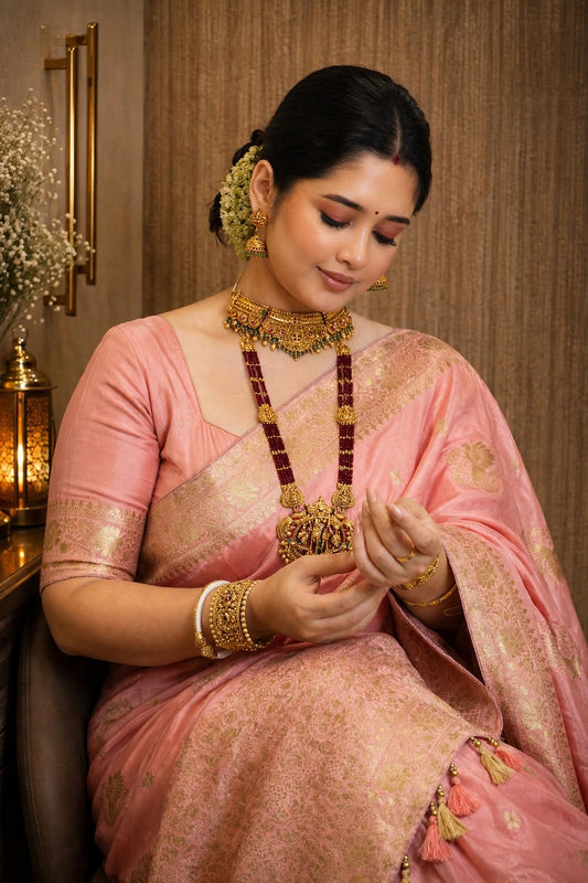Dola Silk Saree with Allover Weaving Work-Peach Pink