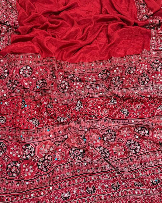 Mirror work Ajrakh modal silk saree with blouse