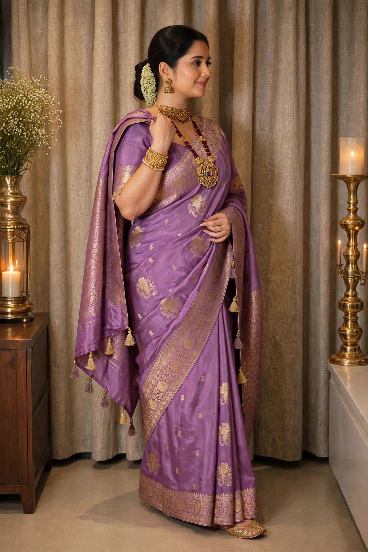 Dola Silk Saree with Allover Weaving Work-Dusty Lavender Purple