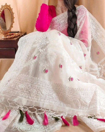 Beautiful Chikankari Thread Work Organza Silk Saree