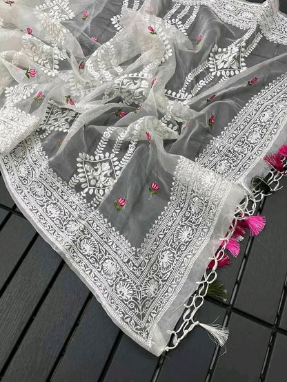 Beautiful Chikankari Thread Work Organza Silk Saree