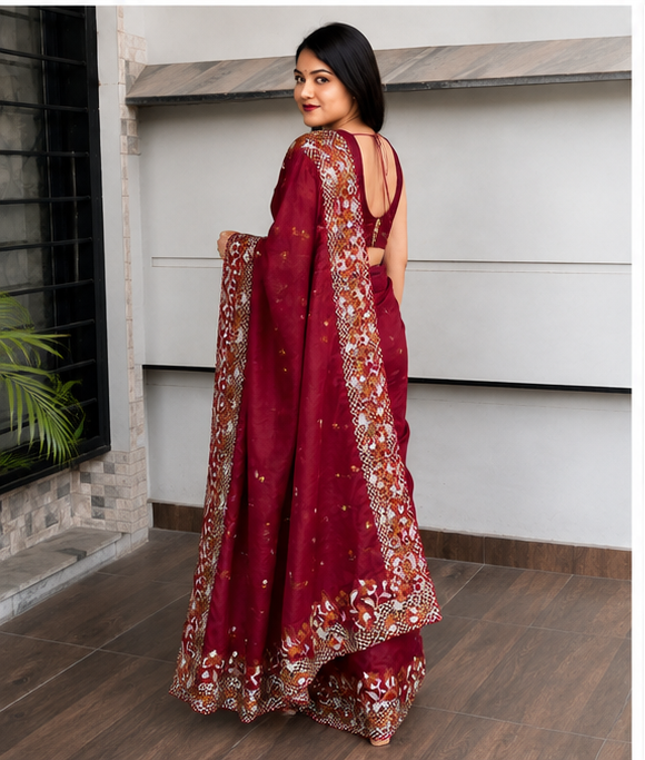 ✨ Soft Semi Tassar Silk Saree with Blouse Piece ✨- Maroon -Design 06