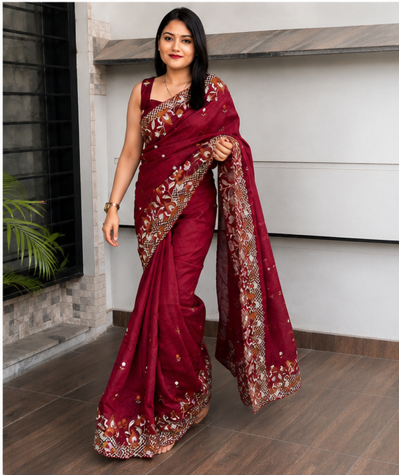 ✨ Soft Semi Tassar Silk Saree with Blouse Piece ✨- Maroon -Design 06