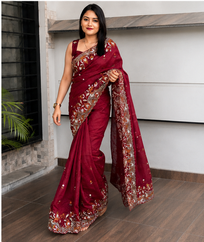 ✨ Soft Semi Tassar Silk Saree with Blouse Piece ✨- Maroon -Design 06