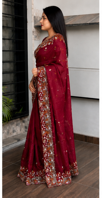 ✨ Soft Semi Tassar Silk Saree with Blouse Piece ✨- Maroon -Design 06