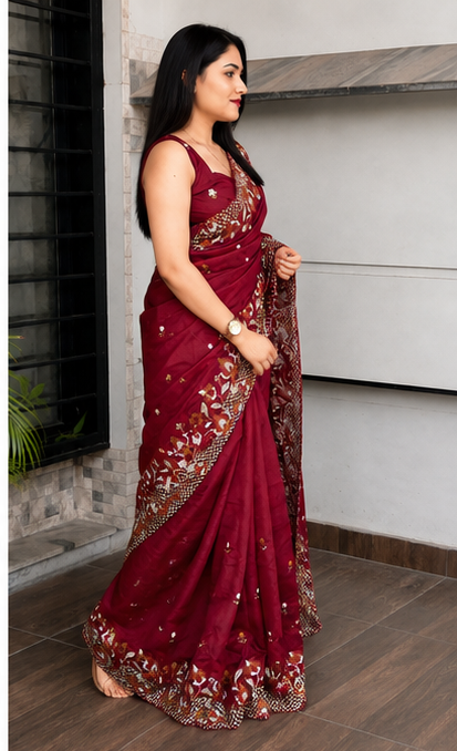 ✨ Soft Semi Tassar Silk Saree with Blouse Piece ✨- Maroon -Design 06