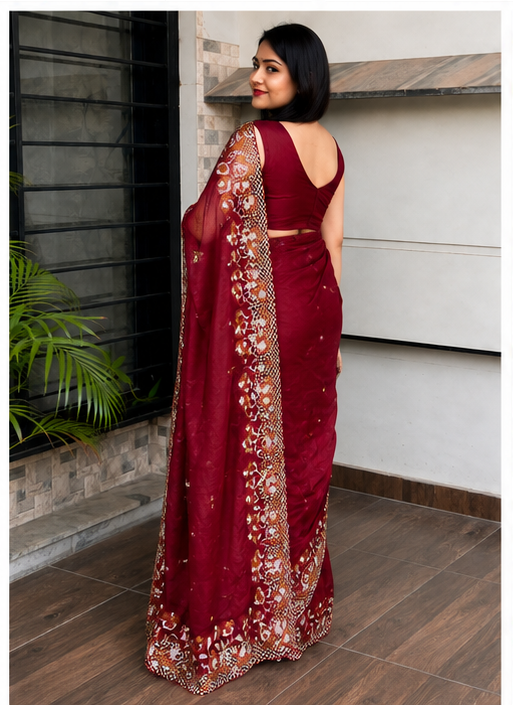 ✨ Soft Semi Tassar Silk Saree with Blouse Piece ✨- Maroon -Design 06