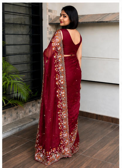 ✨ Soft Semi Tassar Silk Saree with Blouse Piece ✨- Maroon -Design 06