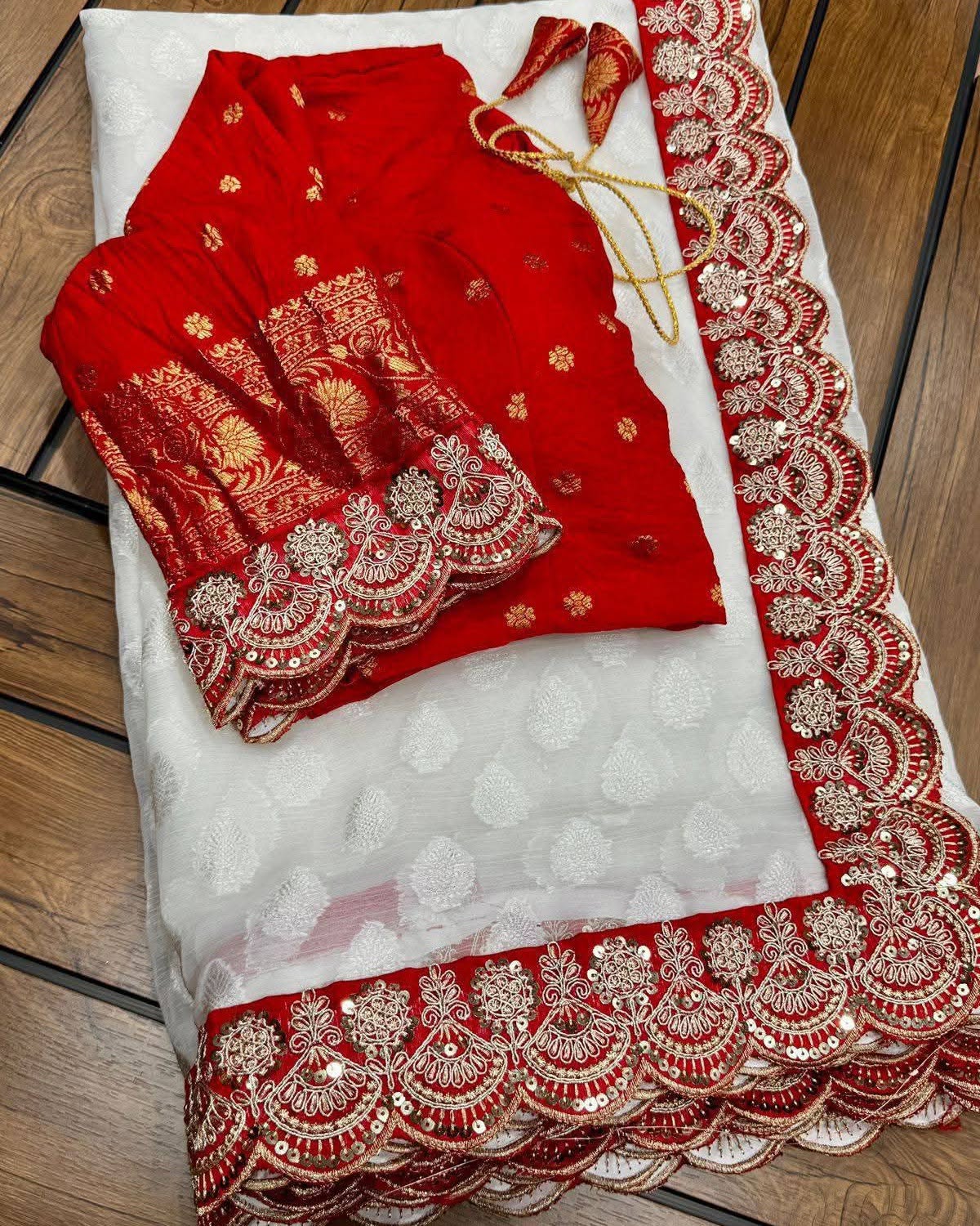 Durga Puja Special Red White Georgette Saree | Tumpi's Collection