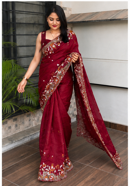 ✨ Soft Semi Tassar Silk Saree with Blouse Piece ✨- Maroon -Design 06