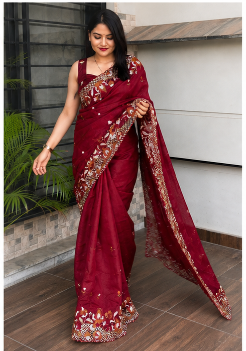 ✨ Soft Semi Tassar Silk Saree with Blouse Piece ✨- Maroon -Design 06