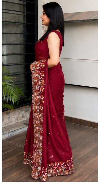 ✨ Soft Semi Tassar Silk Saree with Blouse Piece ✨- Maroon -Design 06