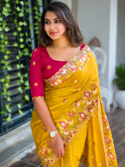 ✨ Soft Semi Tassar Silk Saree with Blouse Piece ✨-Mustard -Design 01