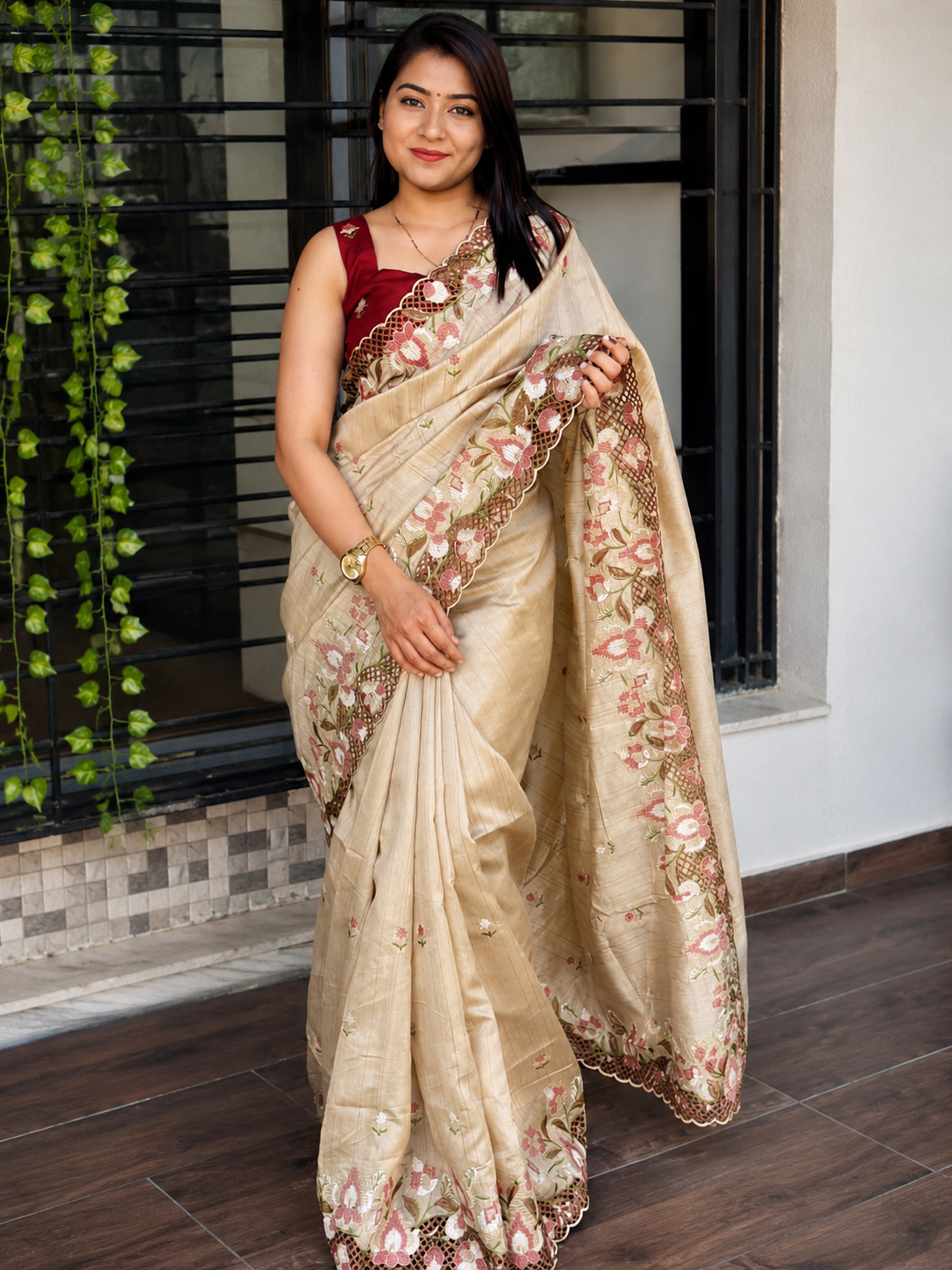 ✨ Soft Semi Tassar Silk Saree with Blouse Piece ✨-Tan -Design 03