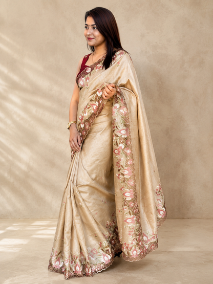 ✨ Soft Semi Tassar Silk Saree with Blouse Piece ✨-Tan -Design 03