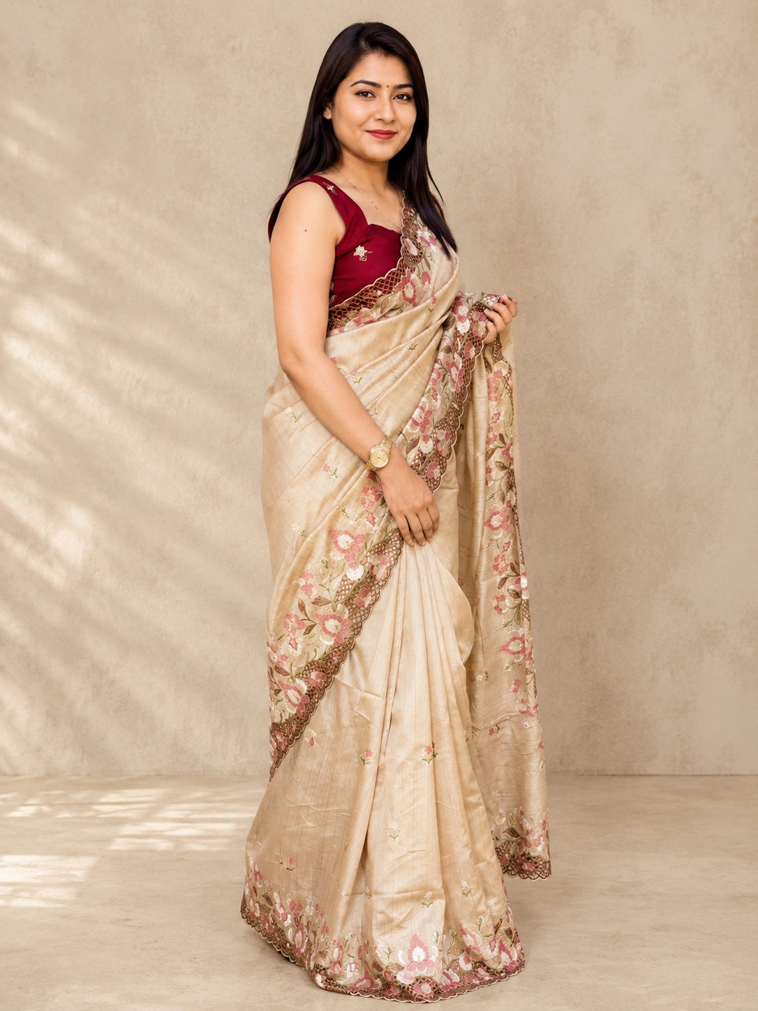 ✨ Soft Semi Tassar Silk Saree with Blouse Piece ✨-Tan -Design 03