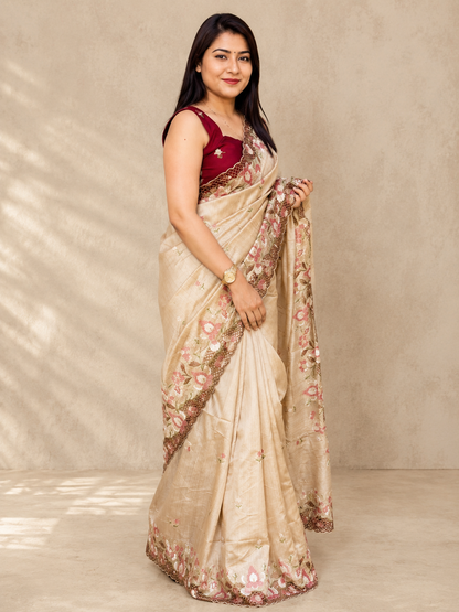 ✨ Soft Semi Tassar Silk Saree with Blouse Piece ✨-Tan -Design 03