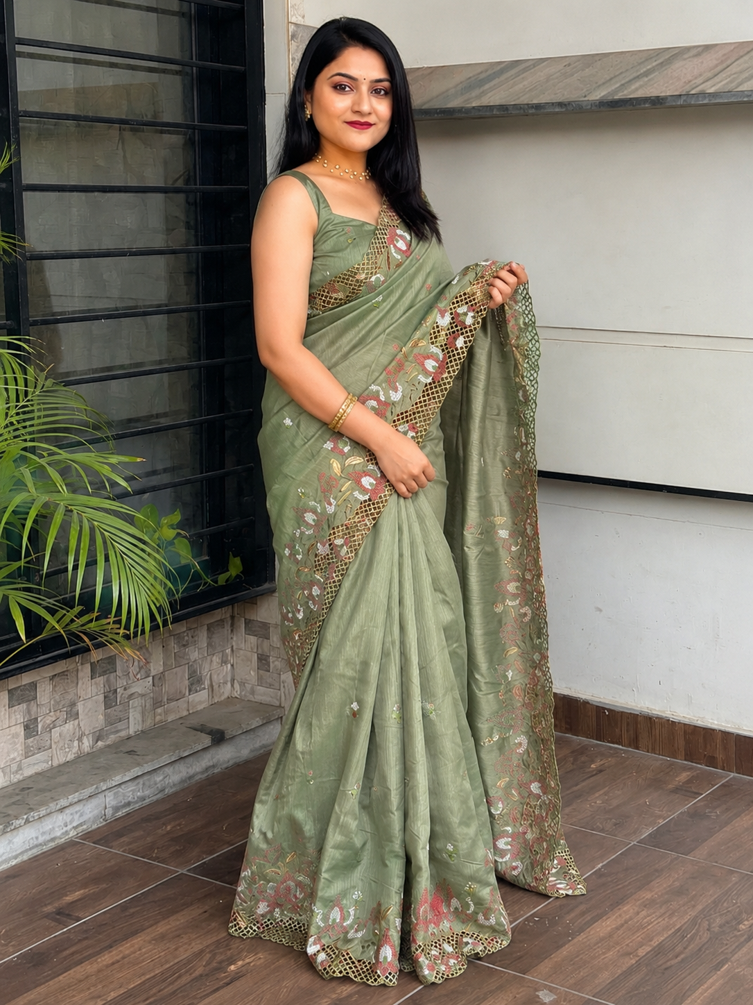 ✨ Soft Semi Tassar Silk Saree with Blouse Piece ✨-Olive Green -Design 05