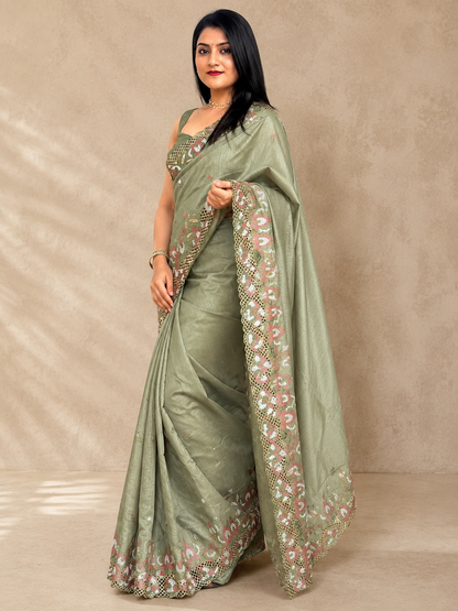 ✨ Soft Semi Tassar Silk Saree with Blouse Piece ✨-Olive Green -Design 05