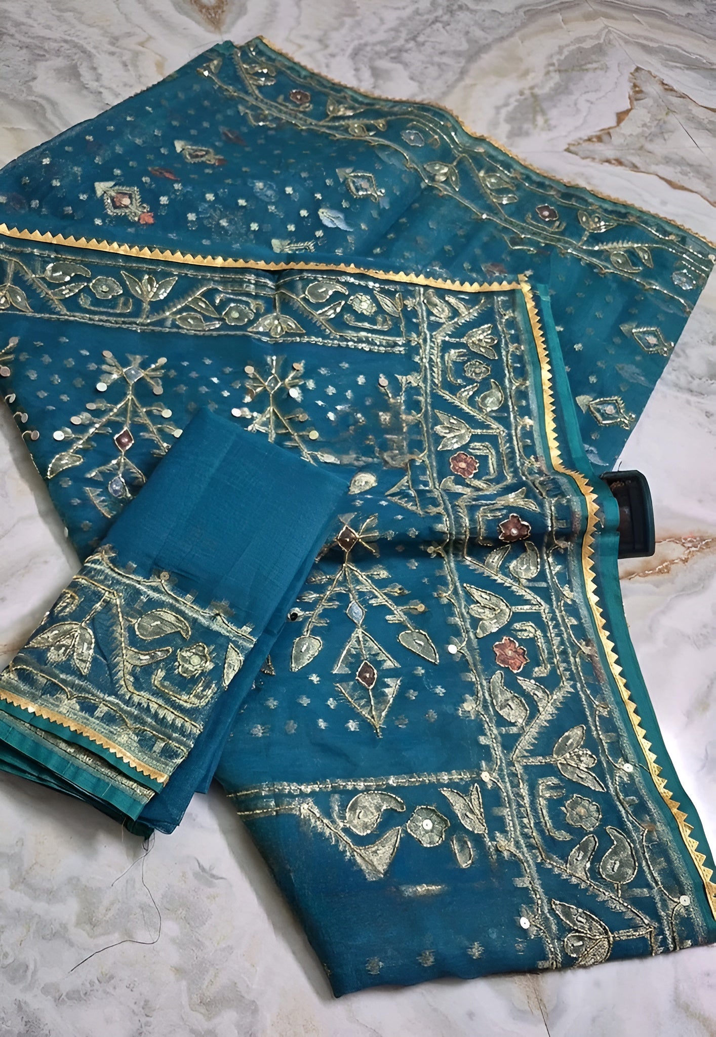 Cutdana Jamdani Saree with Handcrafted Cutdana Work and Matching Blouse Piece – Tumpi's Collection