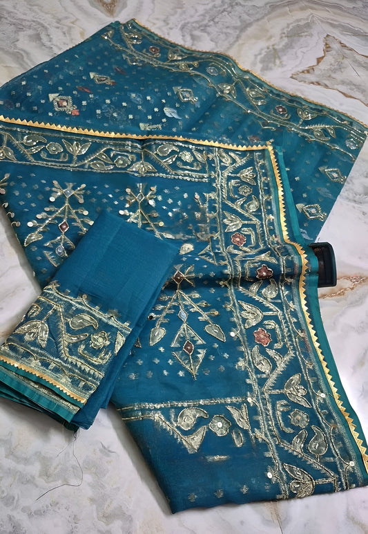 Cutdana Jamdani Saree with Handcrafted Cutdana Work and Matching Blouse Piece – Tumpi's Collection