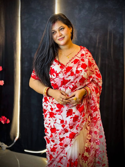 Embroidery Work Organza Saree with Blouse | Tumpi's Collection