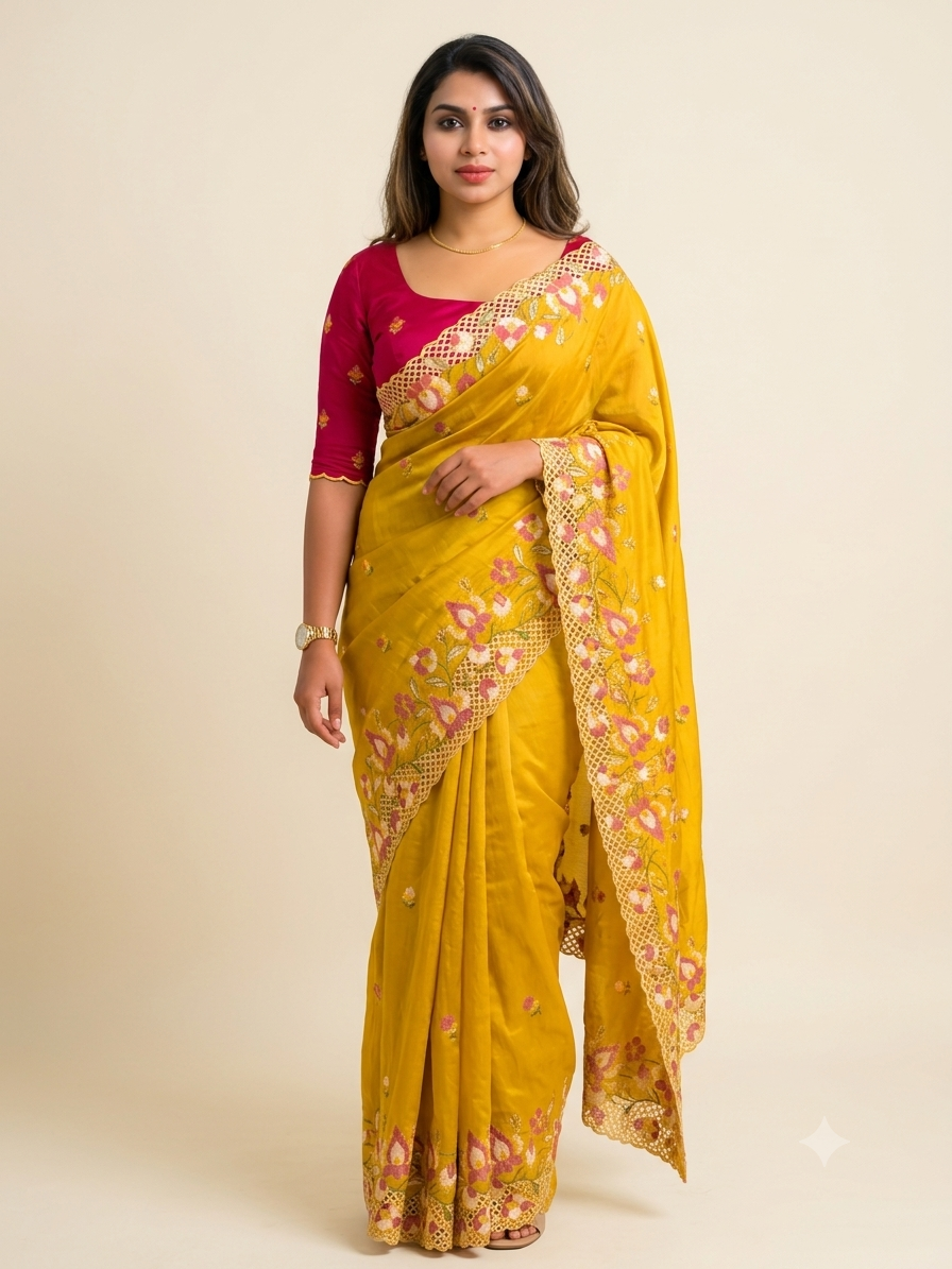 ✨ Soft Semi Tassar Silk Saree with Blouse Piece ✨-Mustard -Design 01
