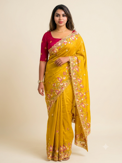 ✨ Soft Semi Tassar Silk Saree with Blouse Piece ✨-Mustard -Design 01