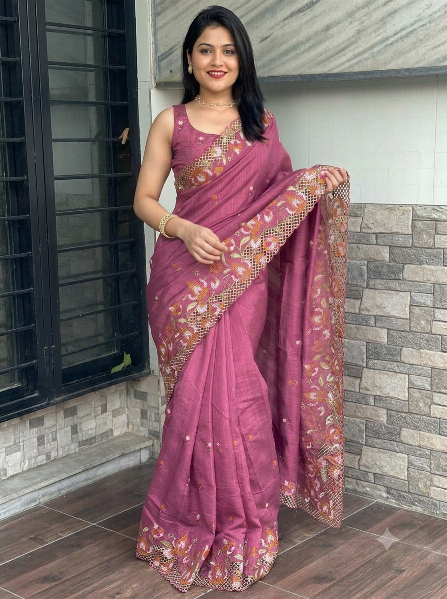 ✨ Soft Semi Tassar Silk Saree with Blouse Piece ✨-Dark Mauve pink -Design 02