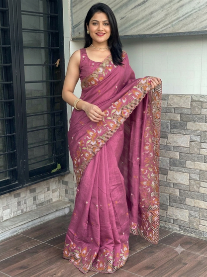 ✨ Soft Semi Tassar Silk Saree with Blouse Piece ✨-Dark Mauve pink -Design 02