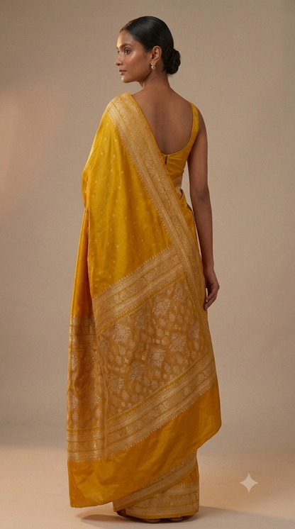 Mushroo Banarashi saree -Mustard Yellow-Design 03