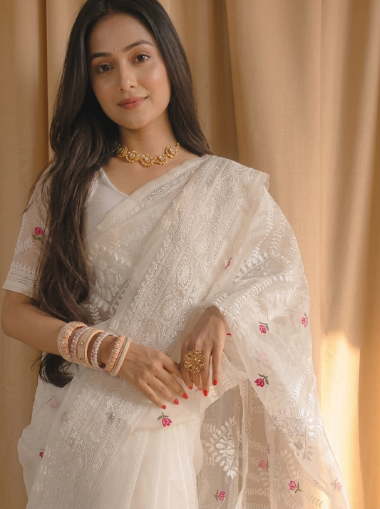 Beautiful Chikankari Thread Work Organza Silk Saree