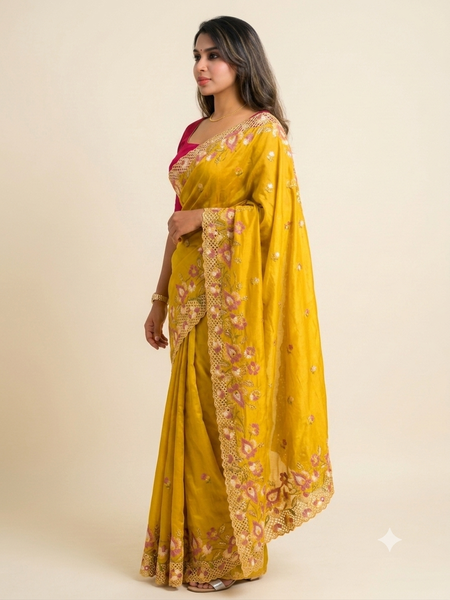 ✨ Soft Semi Tassar Silk Saree with Blouse Piece ✨-Mustard -Design 01