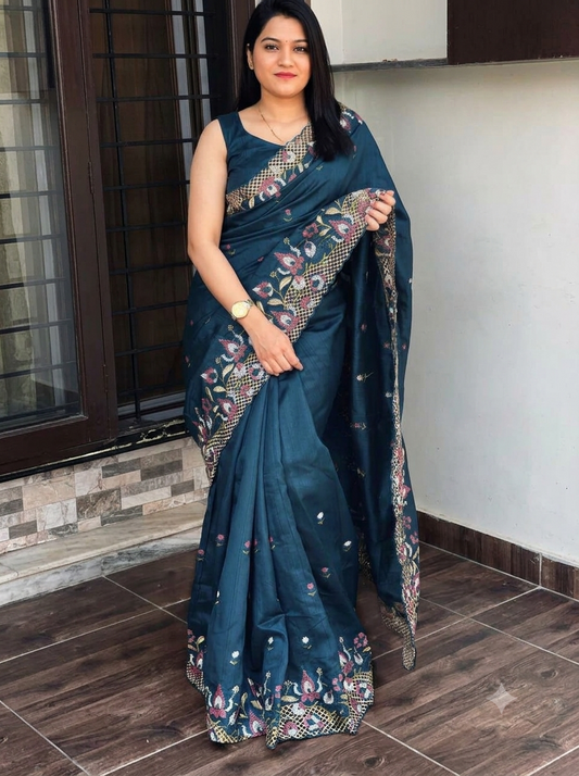✨ Soft Semi Tassar Silk Saree with Blouse Piece ✨- Navy Blue -Design 07