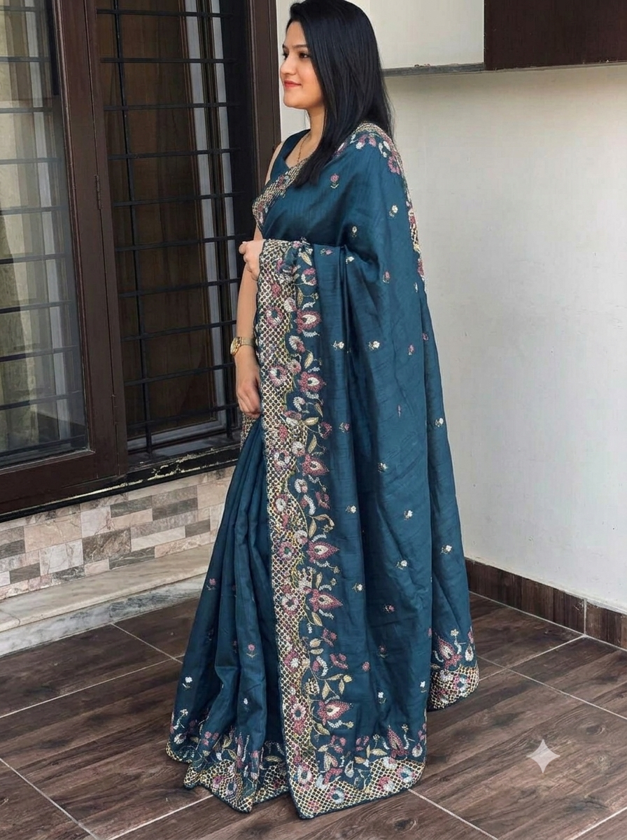 ✨ Soft Semi Tassar Silk Saree with Blouse Piece ✨- Navy Blue -Design 07