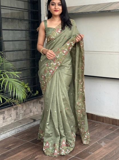 ✨ Soft Semi Tassar Silk Saree with Blouse Piece ✨-Olive Green -Design 05