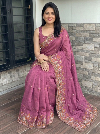 ✨ Soft Semi Tassar Silk Saree with Blouse Piece ✨-Dark Mauve pink -Design 02
