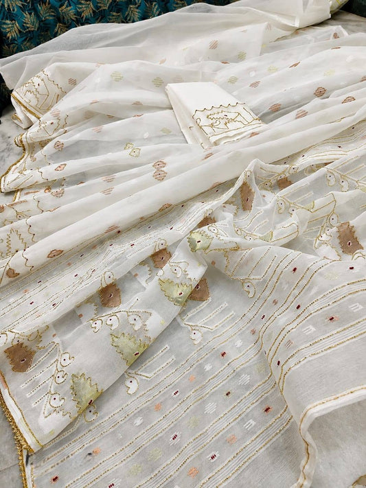 Premium Karchupi Jamdani Saree With Blouse Piece for Wedding and Festive Wear