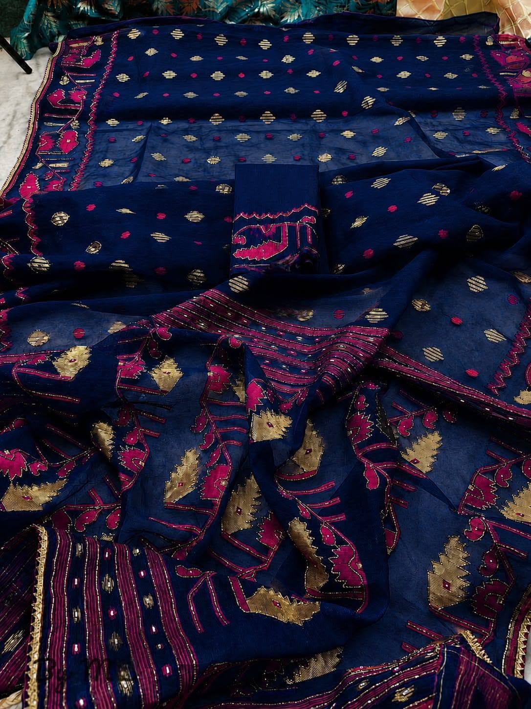 Premium Karchupi Jamdani Saree With Blouse Piece for Wedding and Festive Wear