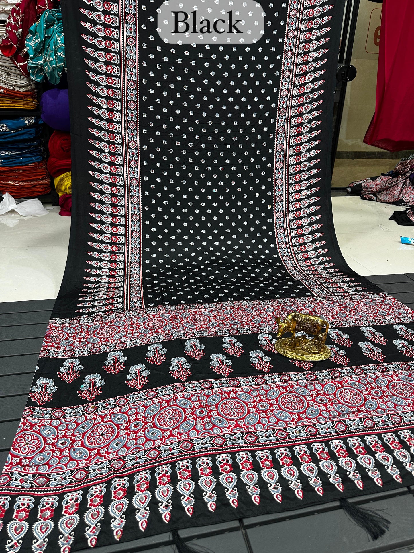 Mirror Work Ajrakh Modal Saree with Full Mirror Work and Attached Blouse Piece – Tumpi's Collection