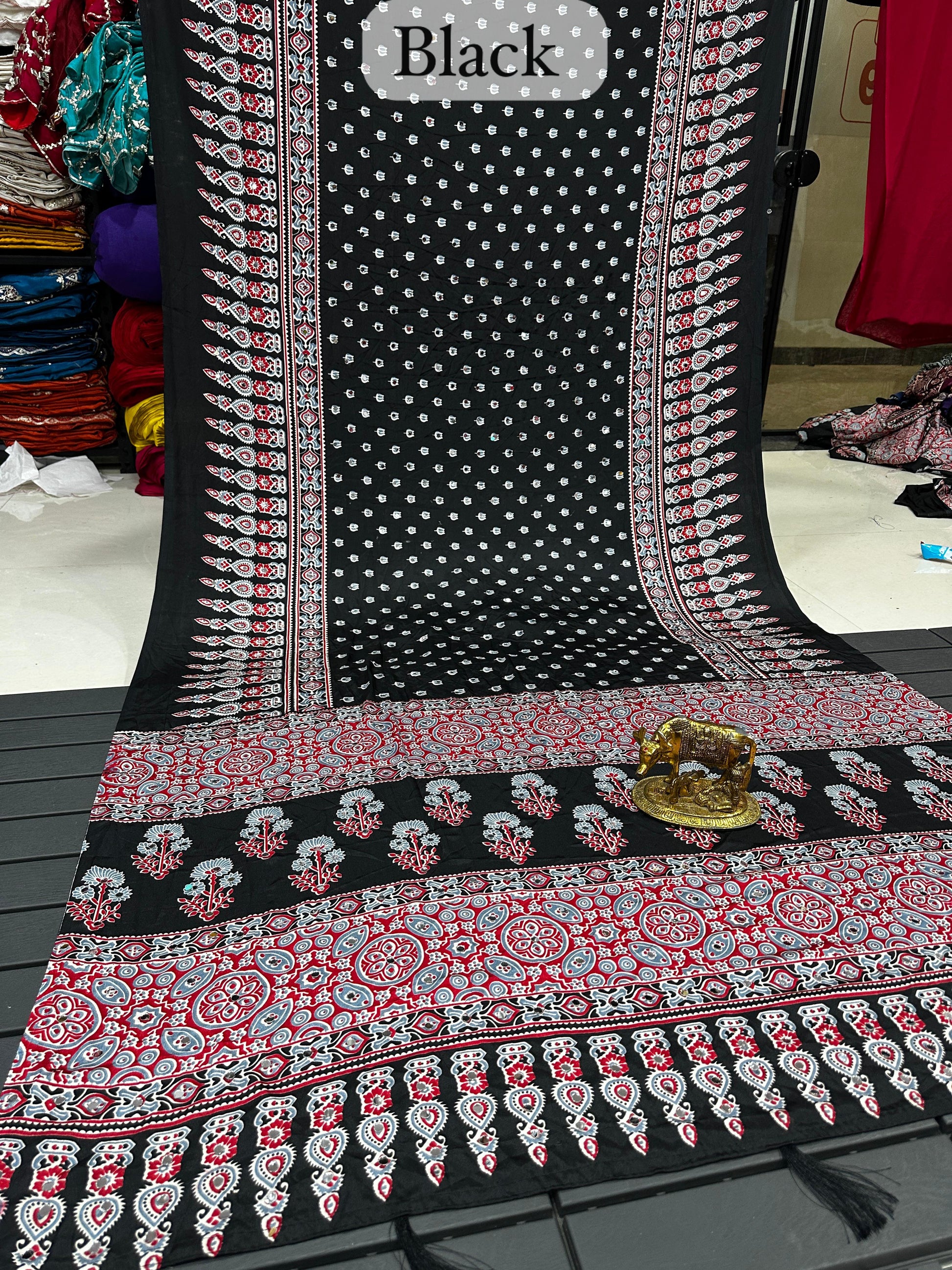 Mirror Work Ajrakh Modal Saree with Full Mirror Work and Attached Blouse Piece – Tumpi's Collection