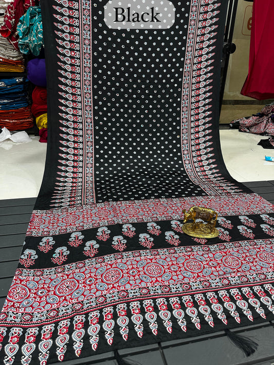 Mirror Work Ajrakh Modal Saree with Full Mirror Work and Attached Blouse Piece – Tumpi's Collection