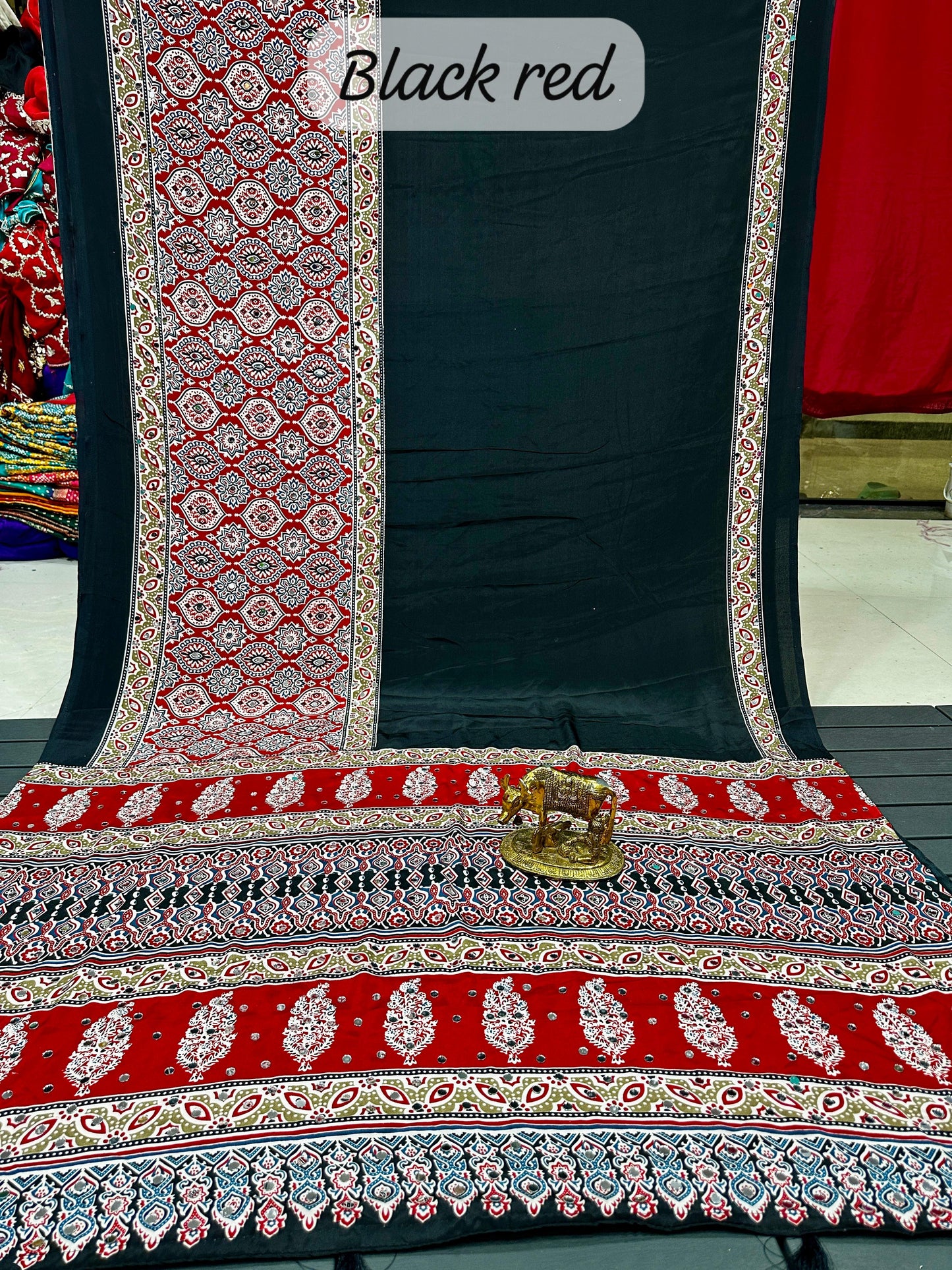 Mirror Work Ajrakh Modal Saree with Full Mirror Work and Attached Blouse Piece – Tumpi's Collection