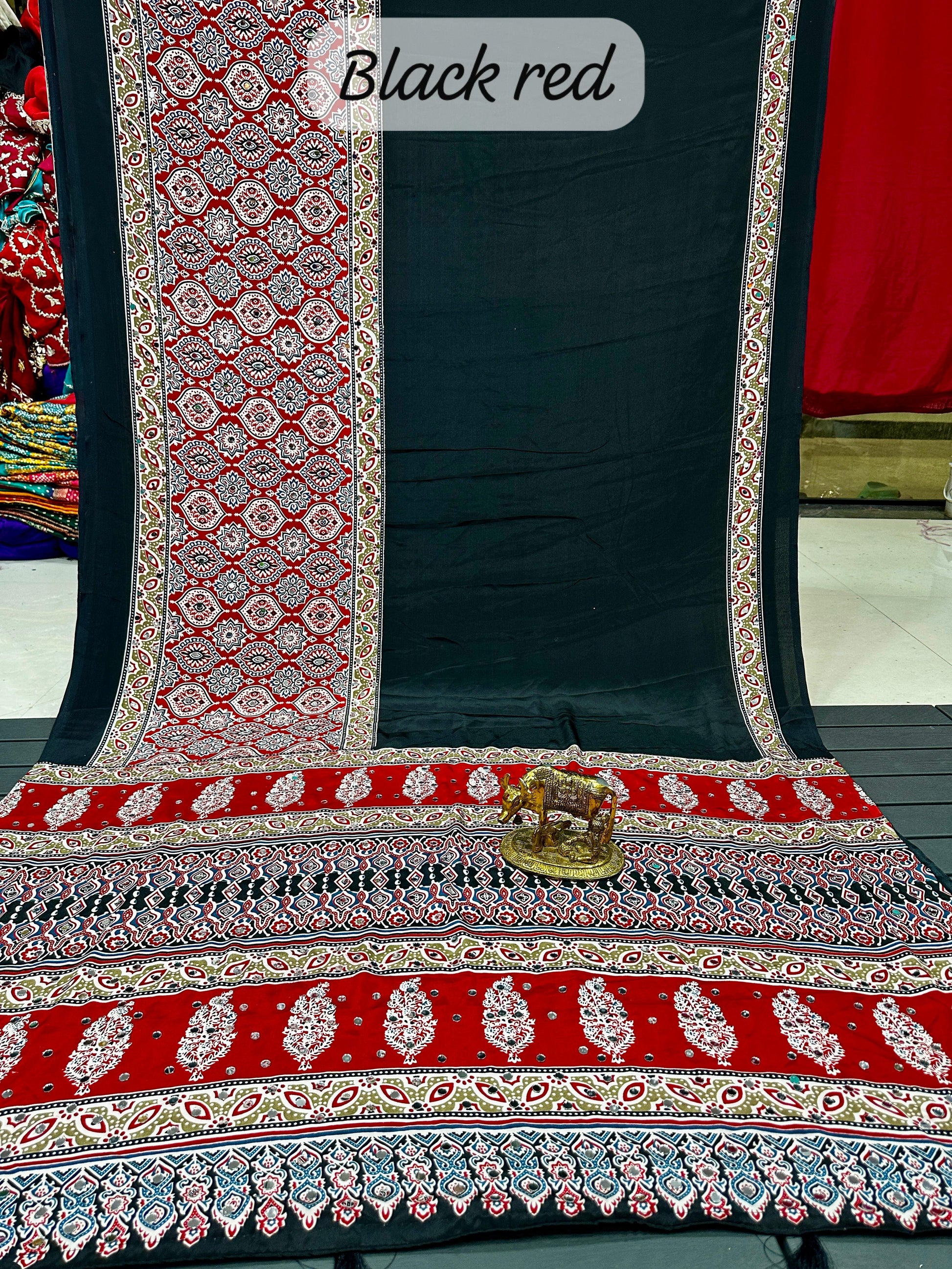 Mirror Work Ajrakh Modal Saree with Full Mirror Work and Attached Blouse Piece – Tumpi's Collection