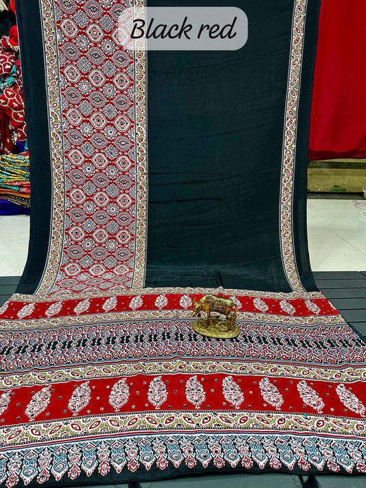 Mirror Work Ajrakh Modal Saree with Full Mirror Work and Attached Blouse Piece – Tumpi's Collection