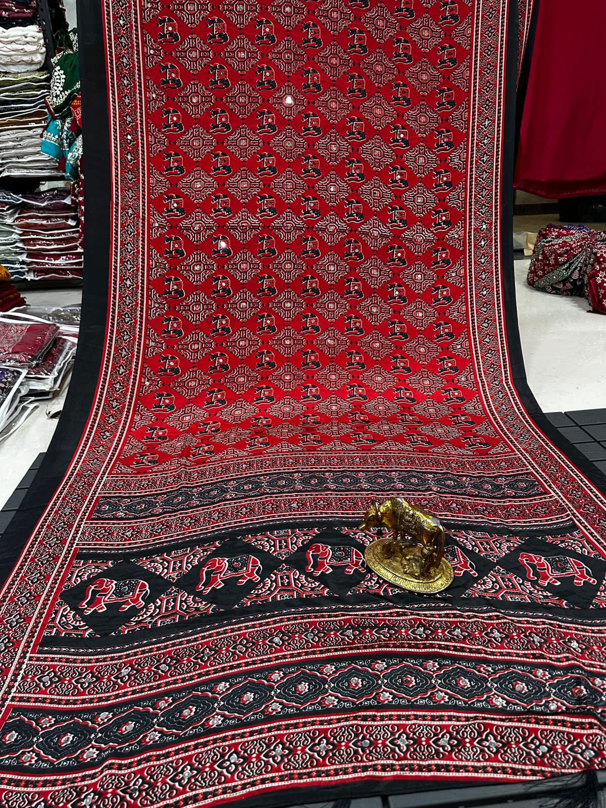 Mirror Work Ajrakh Modal Saree with Full Mirror Work and Attached Blouse Piece – Tumpi's Collection